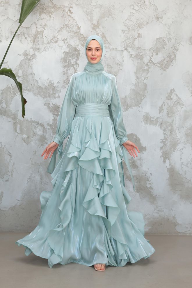 Hulya Keser Blue Elegant Modest Formal A Line Dress Wholesale Clothing Modest