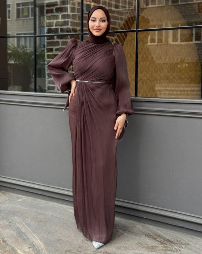 Hulya Keser Καφέ Κομψό Απλό Επίσημο Φόρεμα Θήκη Χονδρικό εμπόριο ενδυμάτων Απλό