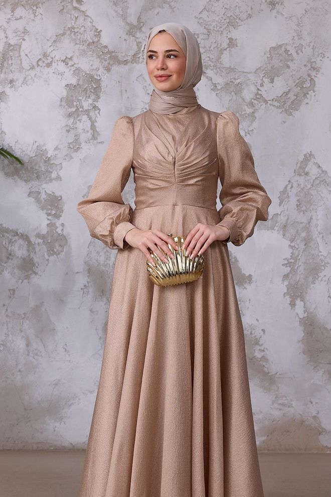 Hulya Keser Beige Elegant A Line Modest Dress Wholesale Clothing Ethnic