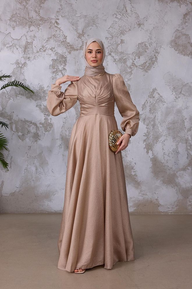 Hulya Keser Beige Elegant A Line Modest Dress Wholesale Clothing Spring
