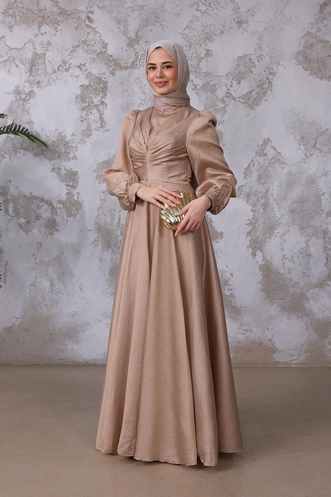 Hulya Keser Beige Elegant A Line Modest Dress Wholesale Clothing Formal