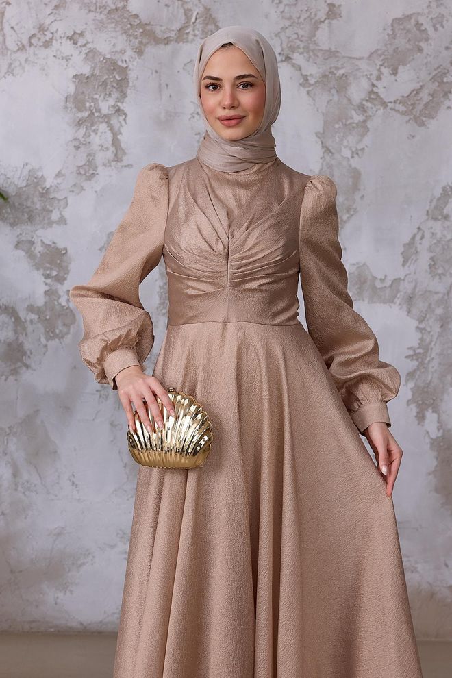 Hulya Keser Beige Elegant A Line Modest Dress Wholesale Clothing Fall