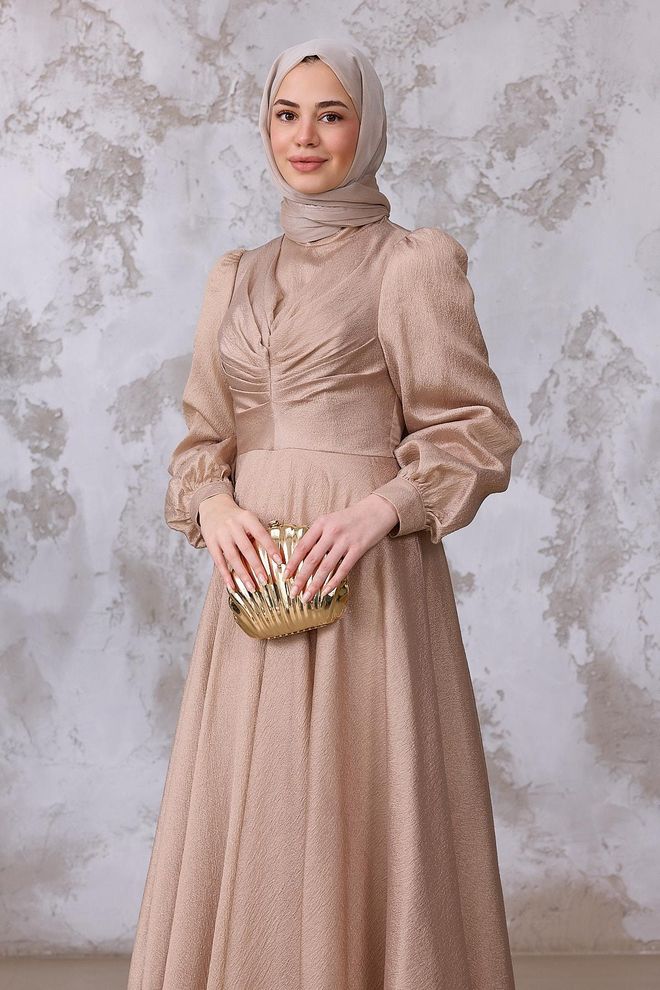 Hulya Keser Beige Elegant A Line Modest Dress Wholesale Clothing Winter