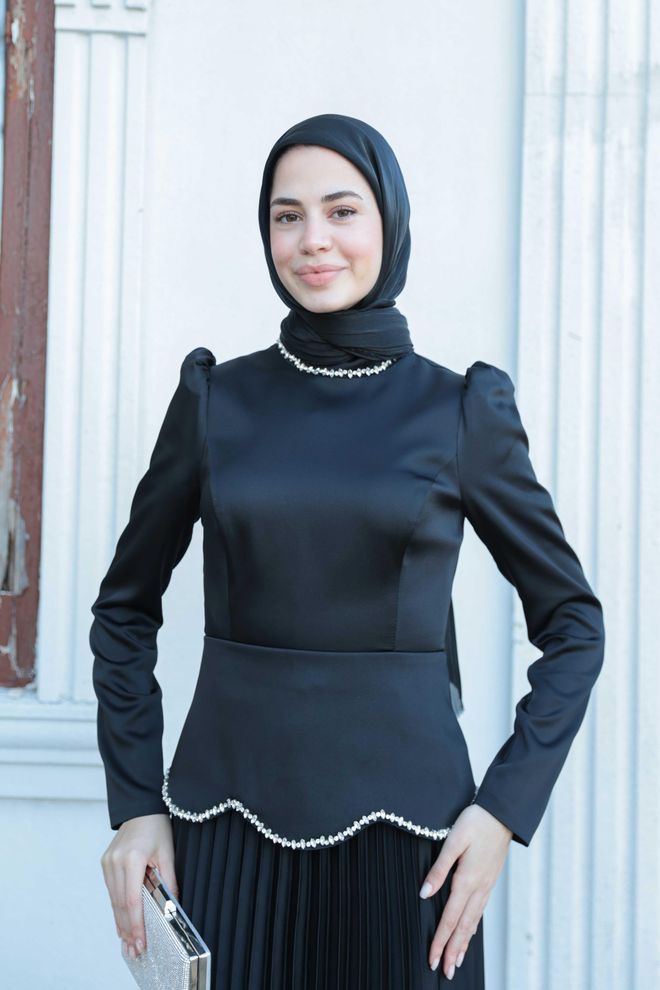Hulya Keser Zarif Siyah Fit & Flare Elbise Toptan Giyim Tesettür