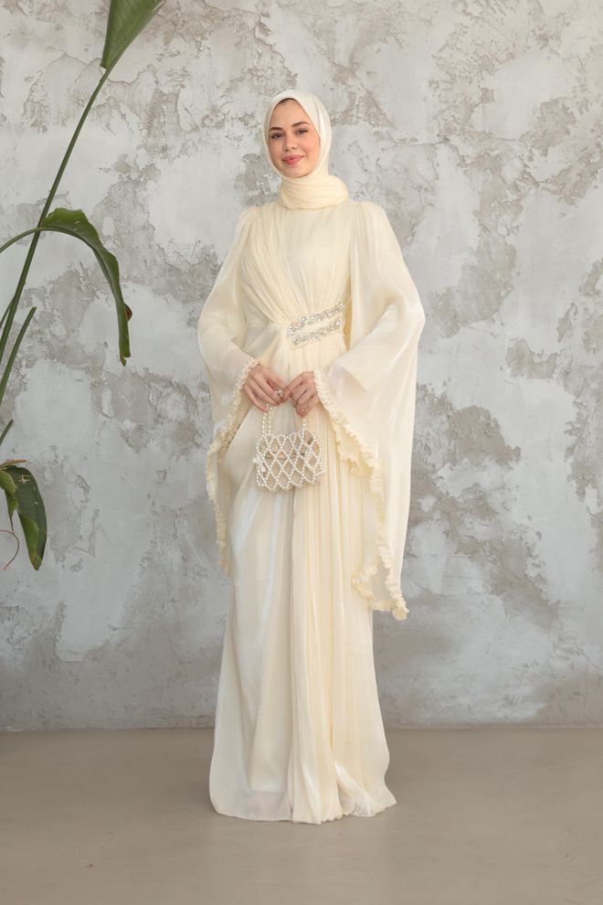 Hulya Keser Beiges Ethnisches Elegantes Kaftan Kleid Großhandelskleidung Modest