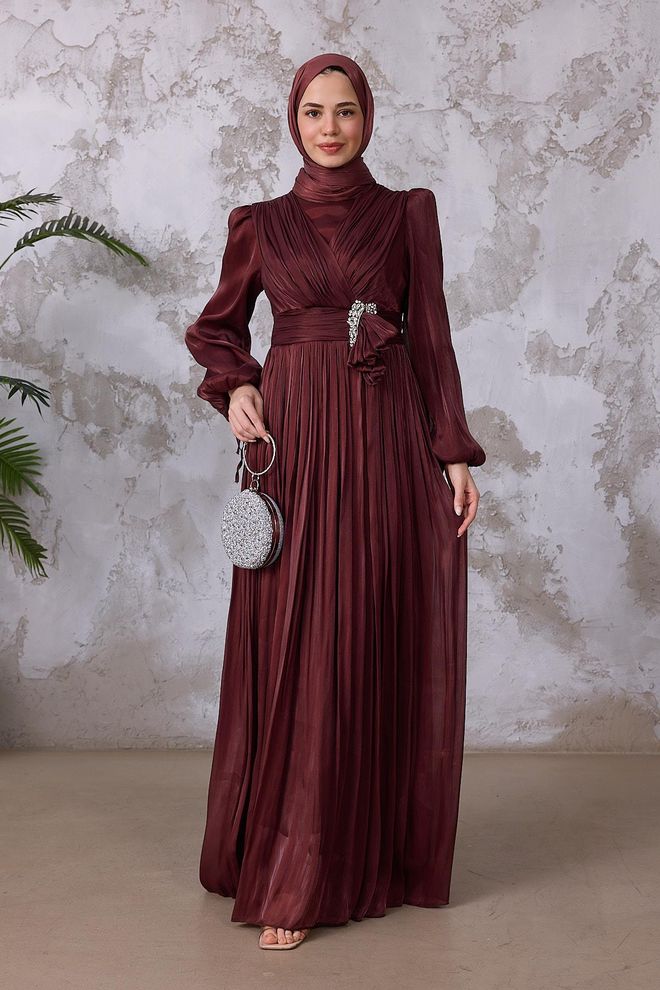 Hulya Keser Claret Red A Line Modest Elegant Formal Dress Wholesale Clothing Winter