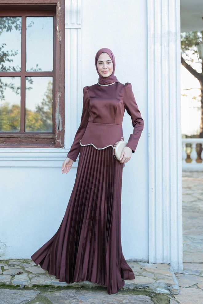 Hulya Keser Brown Elegant A Line Modest Dress Wholesale Clothing 1