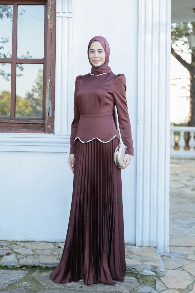 Hulya Keser Braunes Elegantes A Linien Bescheidenes Kleid Großhandelskleidung Modest