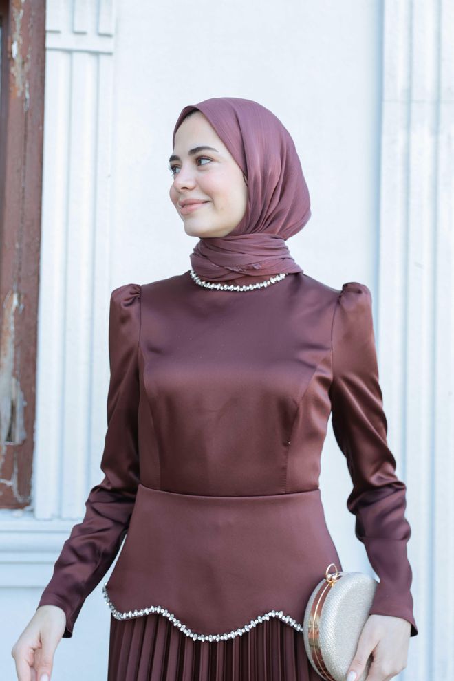 Hulya Keser Brown Elegant A Line Modest Dress Wholesale Clothing Spring