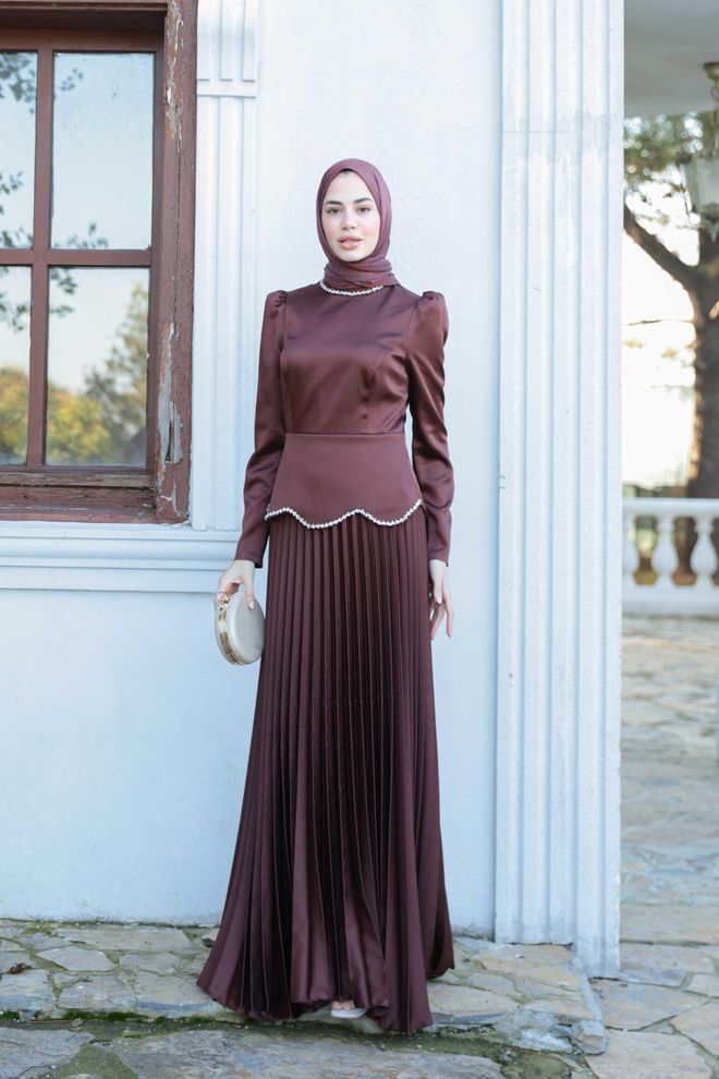 Hulya Keser Brown Elegant A Line Modest Dress Wholesale Clothing Formal