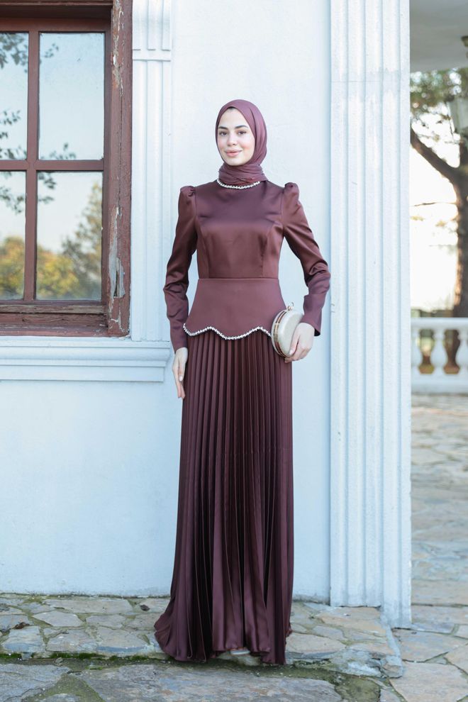 Hulya Keser Brown Elegant A Line Modest Dress Wholesale Clothing Cocktail