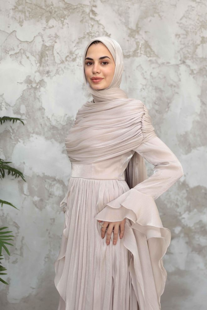 Hulya Keser Μπεζ Κομψό Επίσημο Φόρεμα Με Σιλουέτα A Χονδρικό εμπόριο ενδυμάτων Άνοιξη