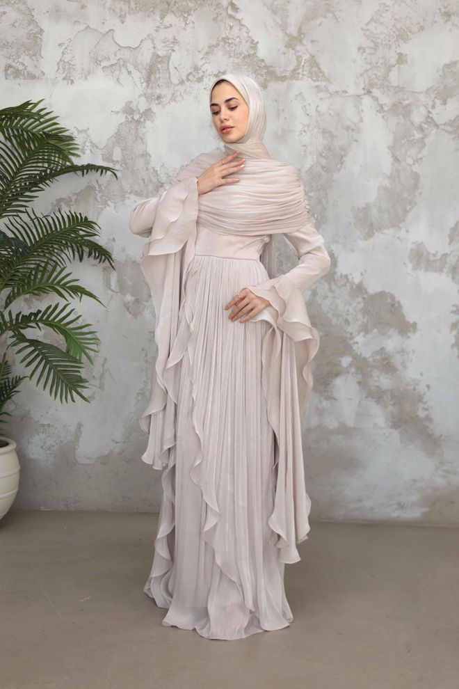 Hulya Keser Μπεζ Κομψό Επίσημο Φόρεμα Με Σιλουέτα A Χονδρικό εμπόριο ενδυμάτων Επίσημο