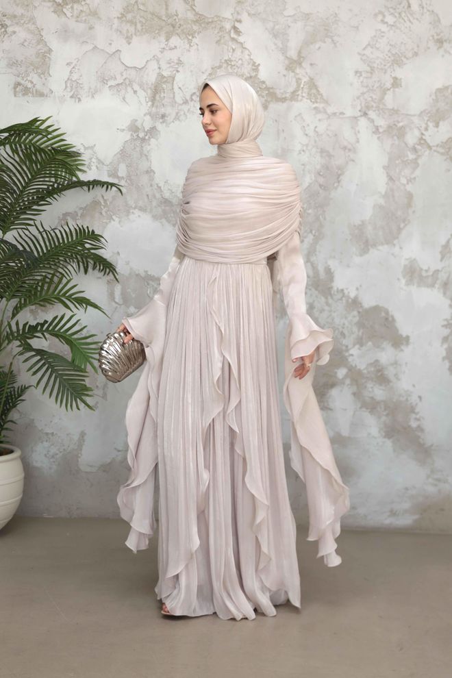 Hulya Keser Μπεζ Κομψό Επίσημο Φόρεμα Με Σιλουέτα A Χονδρικό εμπόριο ενδυμάτων 1