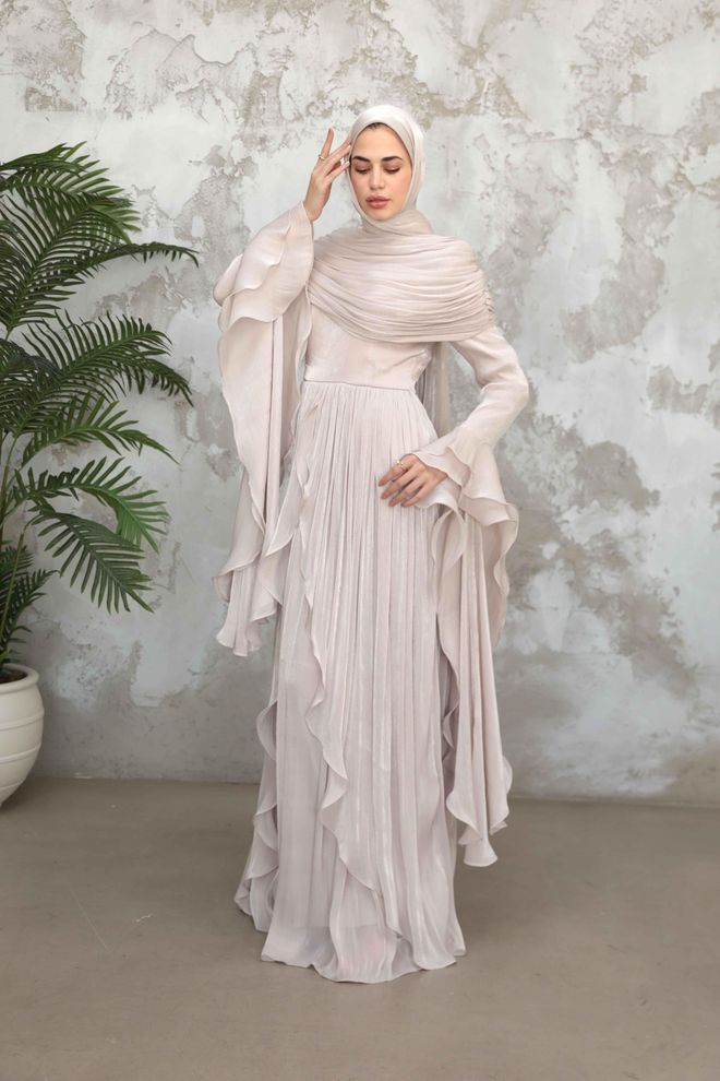 Hulya Keser Μπεζ Κομψό Επίσημο Φόρεμα Με Σιλουέτα A Χονδρικό εμπόριο ενδυμάτων Γάμος