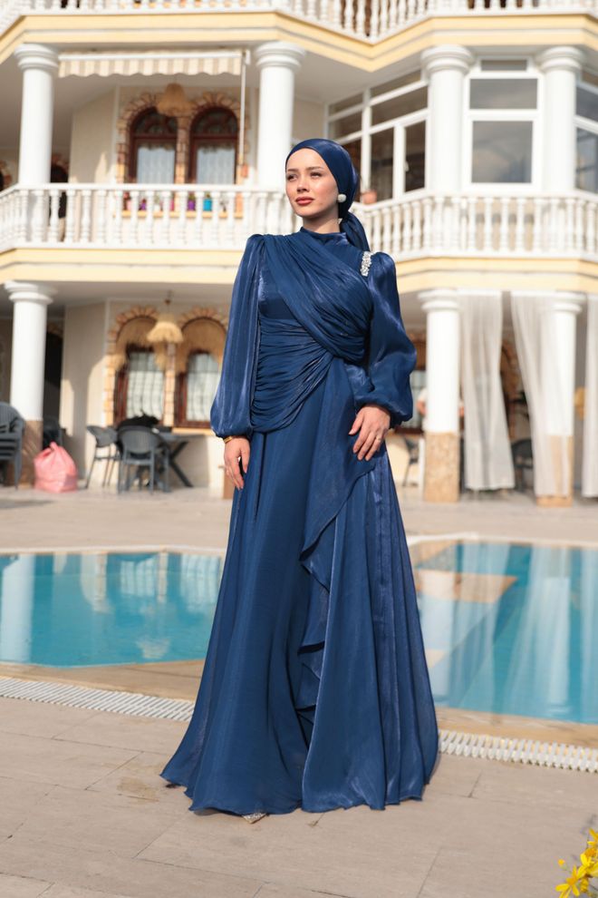 Hulya Keser Marineblaues Bescheidenes Elegantes Formelles A Linien Kleid Großhandelskleidung Modest