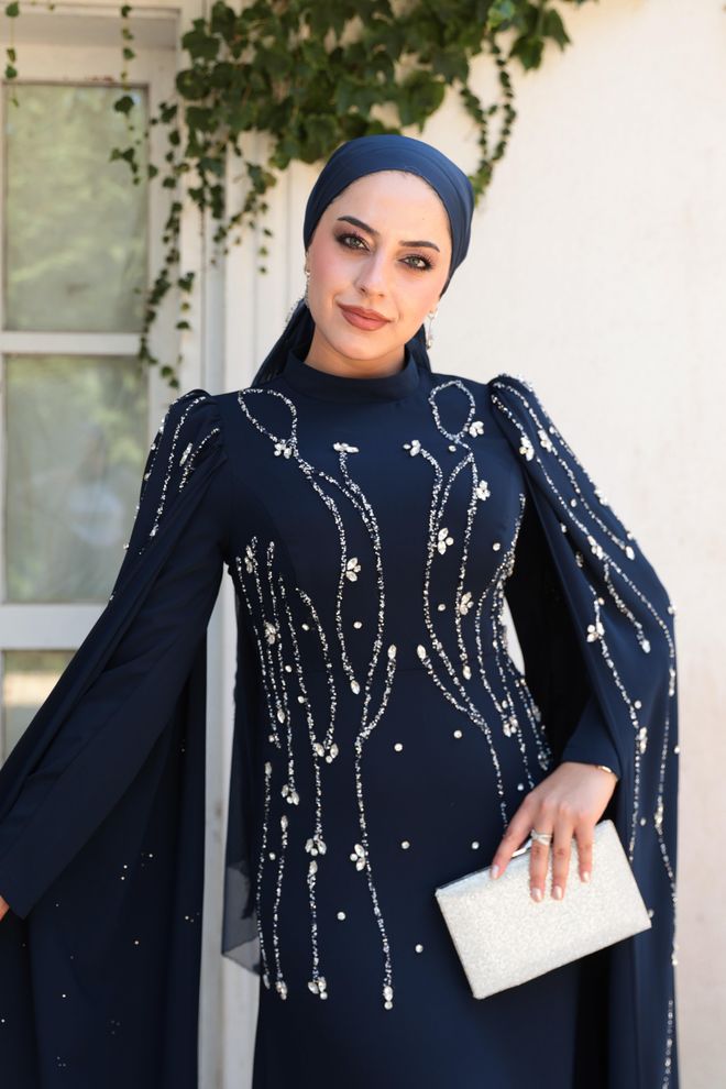 Hulya Keser Marineblau Elegantes Etuikleid Großhandelskleidung Modest