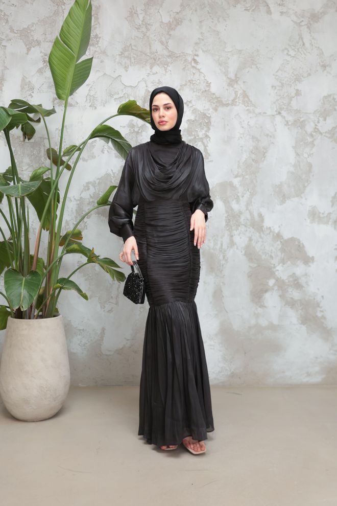 Hulya Keser Vestido Negro Elegante Ajustado Con Cuello Redondo Ropa al por mayor Modesto