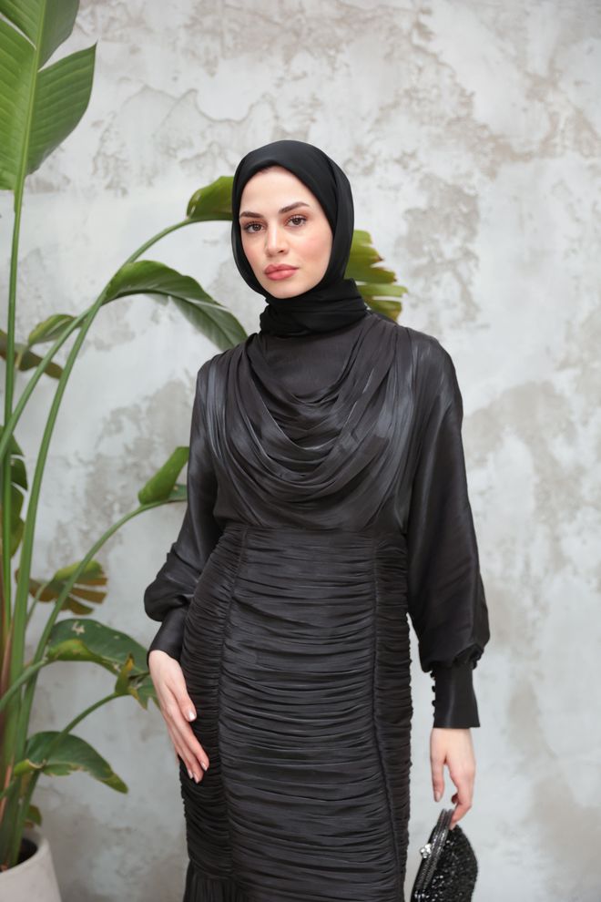 Hulya Keser Elegant Black Fit And Flare Dress With Cowl Neck Wholesale Clothing 1