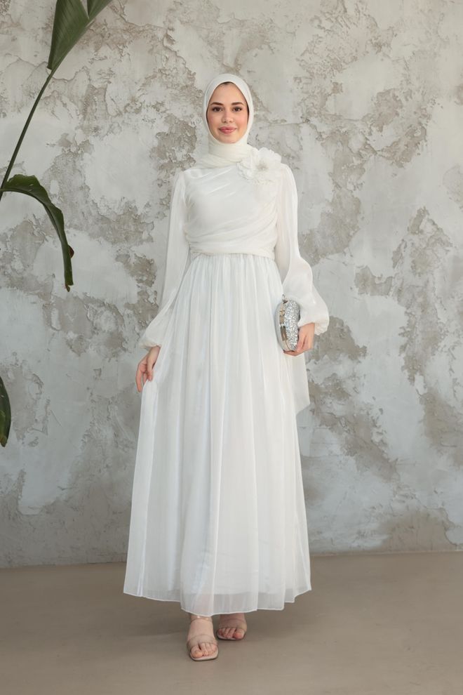 Hulya Keser Elegante Vestido Blanco Ajustado Y Acampanado Ropa al por mayor Modesto