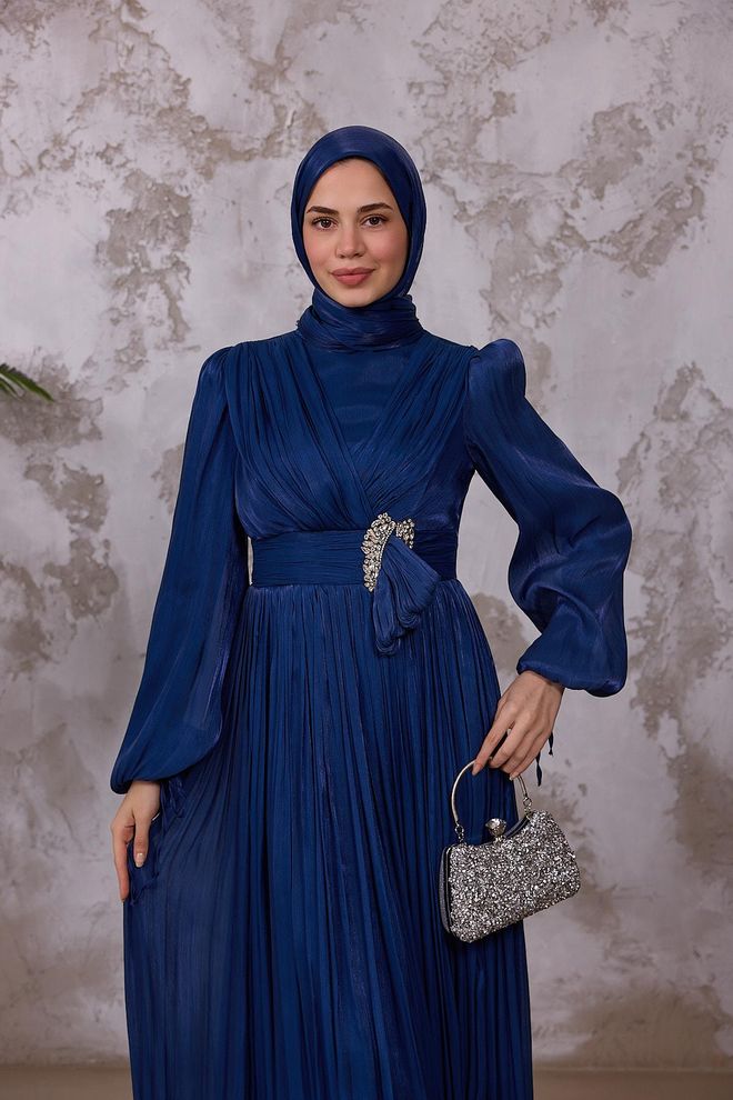 Hulya Keser Navy Blue Elegant Modest A Line Dress Wholesale Clothing Spring