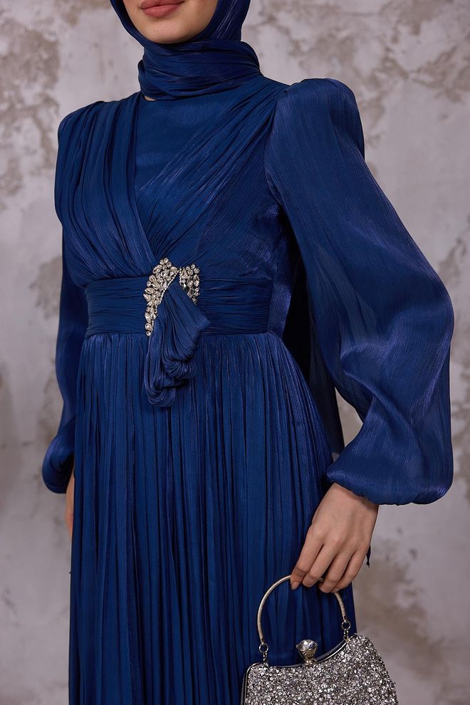 Hulya Keser Navy Blue Elegant Modest A Line Dress Wholesale Clothing Formal