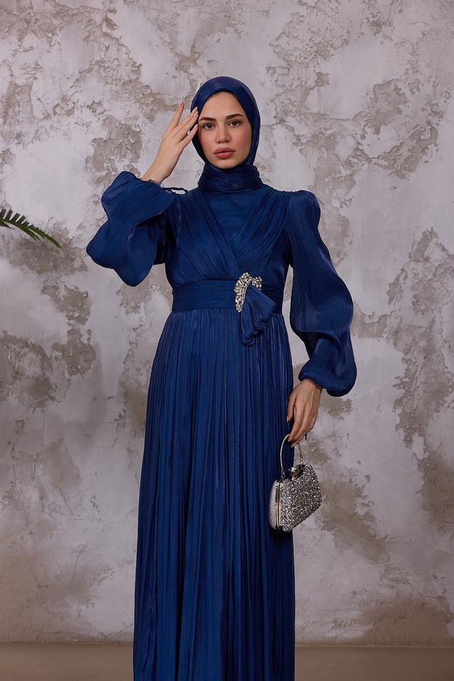 Hulya Keser Navy Blue Elegant Modest A Line Dress Wholesale Clothing Fall