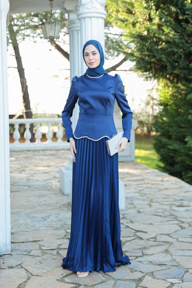 Hulya Keser Navy Blue Modest Elegant Formal Dress Wholesale Clothing Cocktail