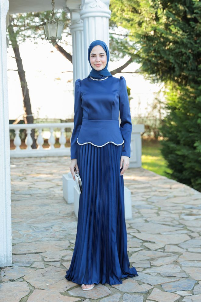 Hulya Keser Marineblaues Modest Elegantes Formelles Kleid Großhandelskleidung Modest