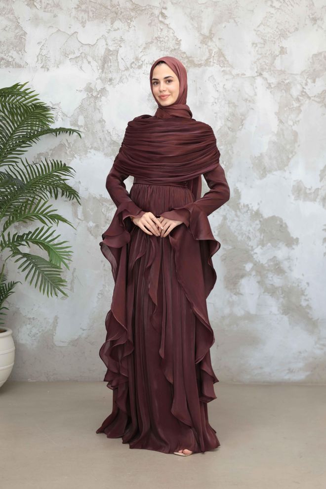 Hulya Keser Elegant Brown Modest Fit And Flare Dress Wholesale Clothing Cocktail