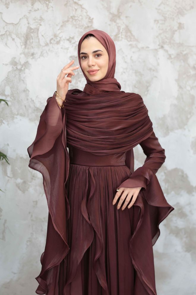 Hulya Keser Elegant Brown Modest Fit And Flare Dress Wholesale Clothing Formal