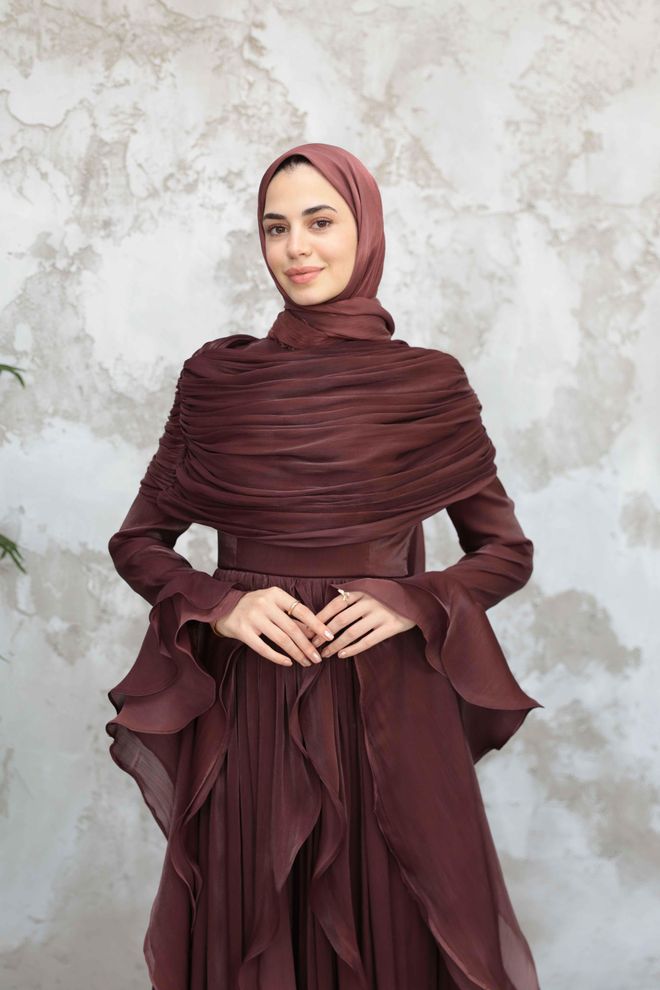 Hulya Keser Elegant Brown Modest Fit And Flare Dress Wholesale Clothing 1