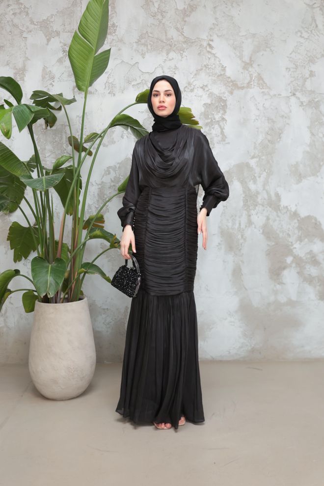 Hulya Keser Elegant Black Fit And Flare Dress With Cowl Neck Wholesale Clothing Cocktail