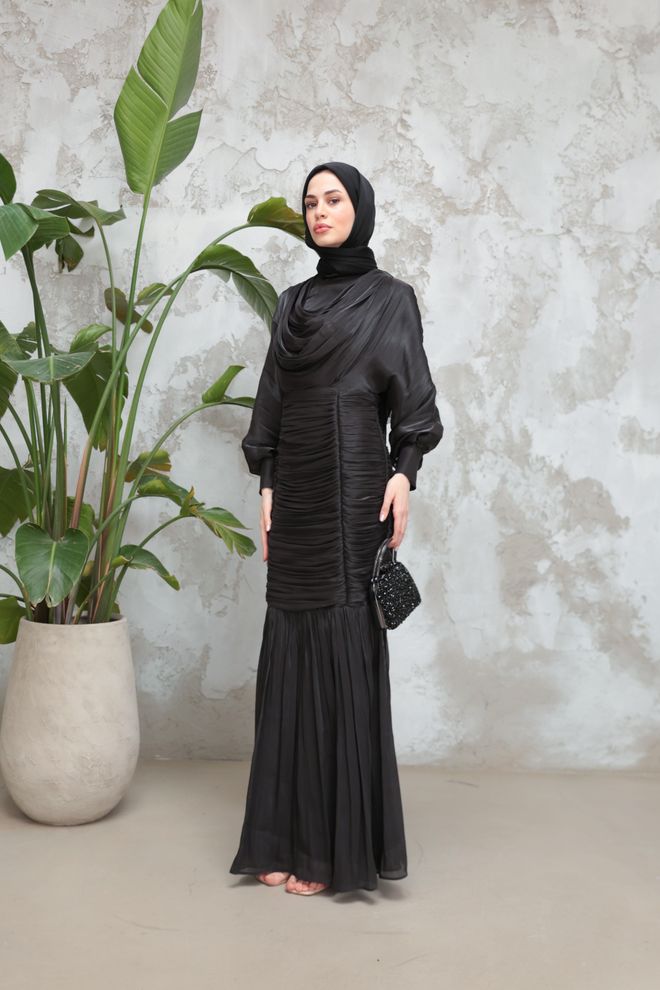 Hulya Keser Elegant Black Fit And Flare Dress With Cowl Neck Wholesale Clothing 5