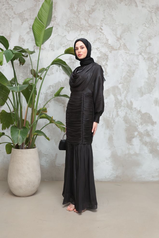 Hulya Keser Elegant Black Fit And Flare Dress With Cowl Neck Wholesale Clothing Wedding