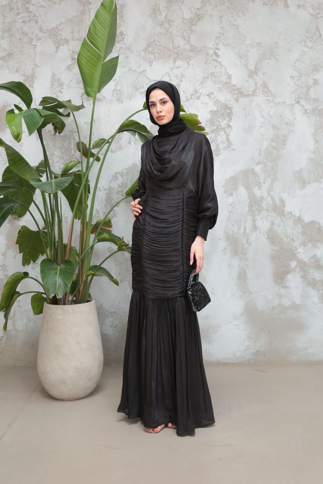 Hulya Keser Elegant Black Fit And Flare Dress With Cowl Neck Wholesale Clothing Formal