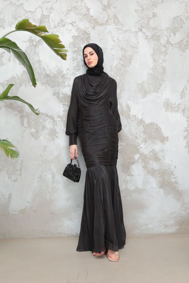 Hulya Keser Elegant Black Fit And Flare Dress With Cowl Neck Wholesale Clothing Fall