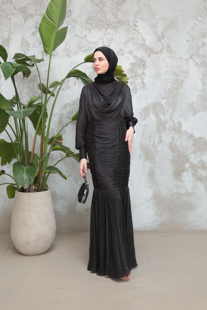 Hulya Keser Elegant Black Fit And Flare Dress With Cowl Neck Wholesale Clothing Spring