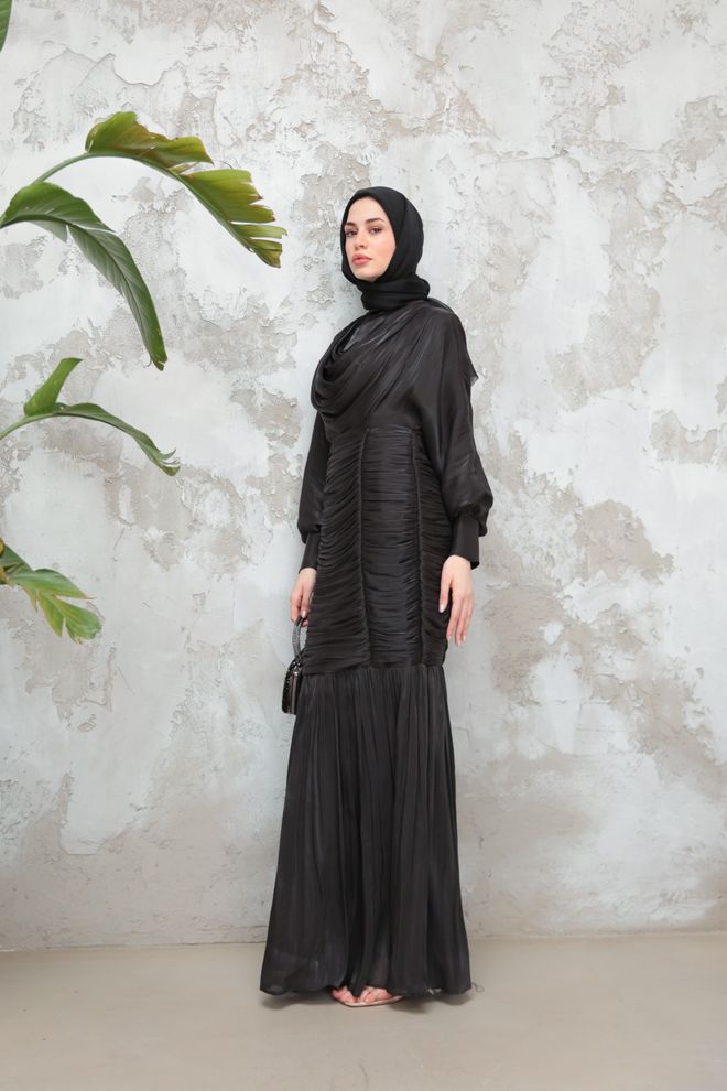 Hulya Keser Elegant Black Fit And Flare Dress With Cowl Neck Wholesale Clothing Ethnic