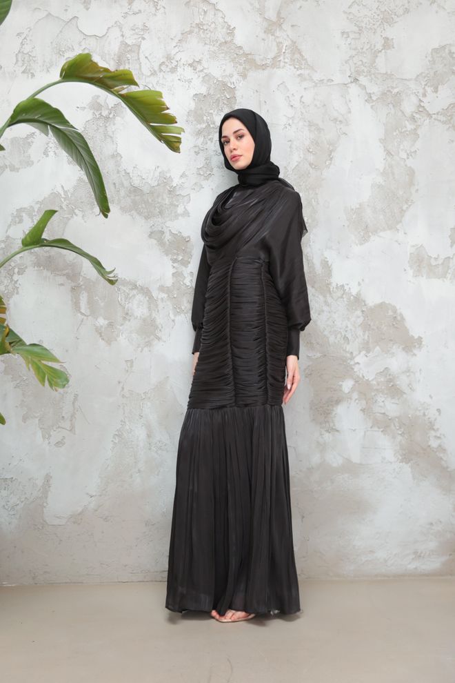 Hulya Keser Elegant Black Fit And Flare Dress With Cowl Neck Wholesale Clothing 9