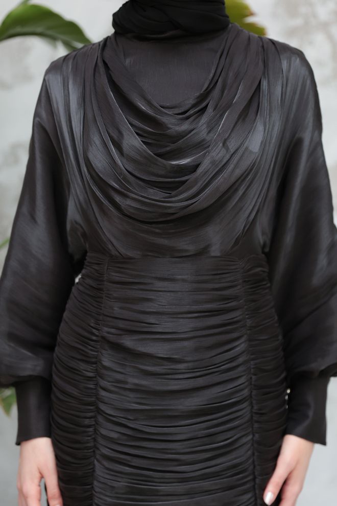 Hulya Keser Elegant Black Fit And Flare Dress With Cowl Neck Wholesale Clothing Winter