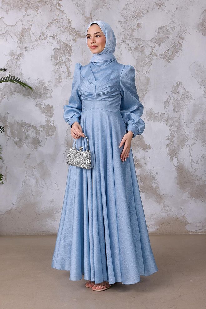 Hulya Keser Blue Modest Elegant Formal Fit And Flare Dress Wholesale Clothing Formal