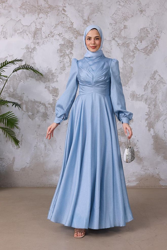 Hulya Keser Blue Modest Elegant Formal Fit And Flare Dress Wholesale Clothing Cocktail