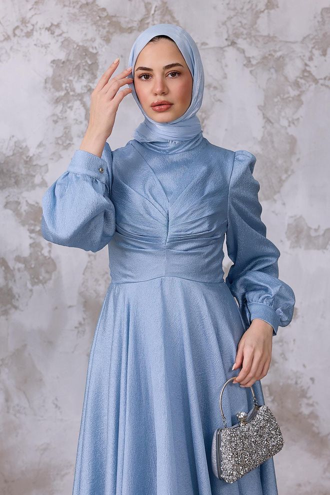 Hulya Keser Blue Modest Elegant Formal Fit And Flare Dress Wholesale Clothing Elegant
