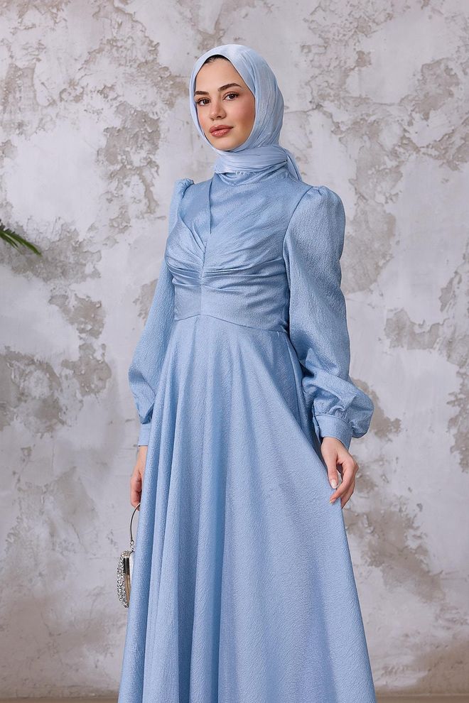 Hulya Keser Blue Modest Elegant Formal Fit And Flare Dress Wholesale Clothing Winter
