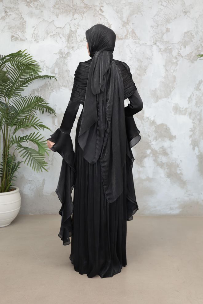 Hulya Keser Elegant Black Sheath Dress With Ruffle Sleeves Wholesale Clothing 5