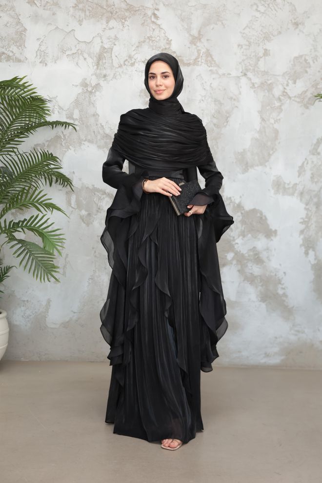 Hulya Keser Elegantes Schwarzes Mantelkleid Mit Rüschenärmeln Großhandelskleidung Modest