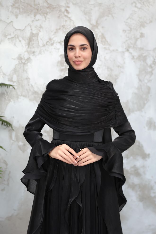 Hulya Keser Elegant Black Sheath Dress With Ruffle Sleeves Wholesale Clothing 1