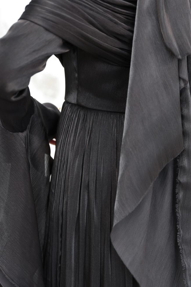 Hulya Keser Elegant Black Sheath Dress With Ruffle Sleeves Wholesale Clothing Formal