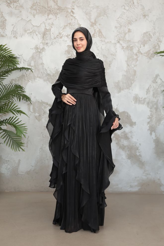 Hulya Keser Elegant Black Sheath Dress With Ruffle Sleeves Wholesale Clothing Work